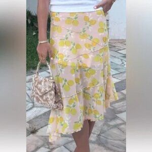 See You Monday Lemon Print Ruffle Asymmetrical Hem Midi Skirt L